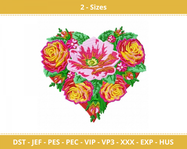 Heart Flower Machine Embroidery Designs-2 Size-instant download
