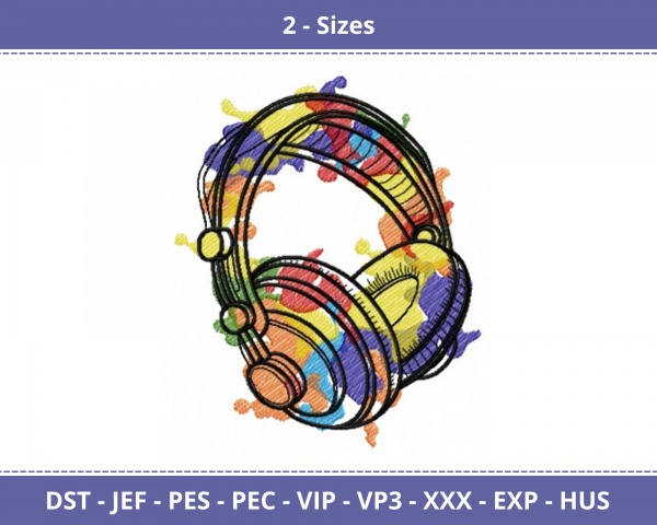Musical Head Phone Machine Embroidery Designs-2 Size-instant download