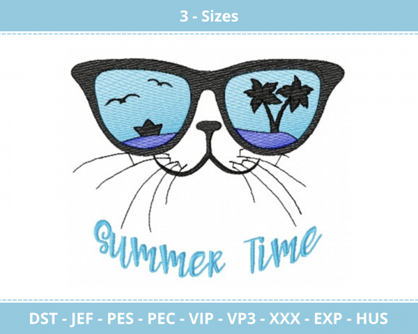 Summer Time Cat Machine Embroidery Designs-3 Size-instant download