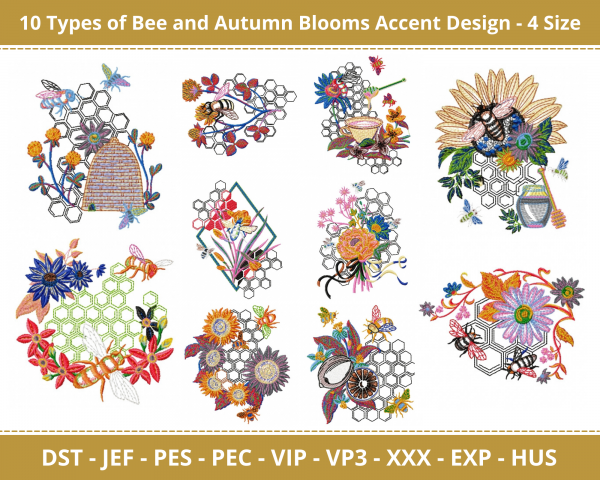 Bee And Autumn Blooms Accent Machine Embroidery Design