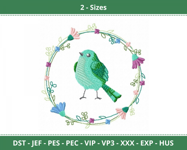 Emerald Bird Wreath Machine Embroidery Designs-2 Size-instant download