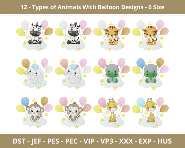 Animals With Balloon Machine Embroidery Designs-6 Size-instant download