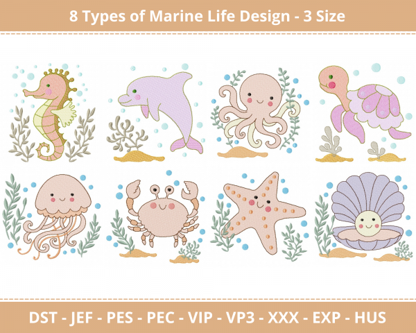 Marine Life Machine Embroidery Designs-3 Size-instant download