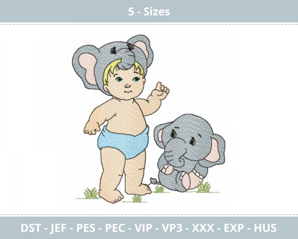 Baby Boy With Baby Elephant Machine Embroidery Designs-5 Size-instant download