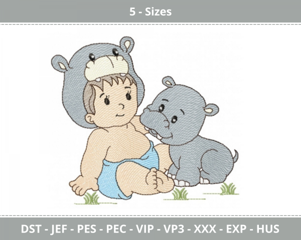 Baby Boy With Baby Hippo Machine Embroidery Design