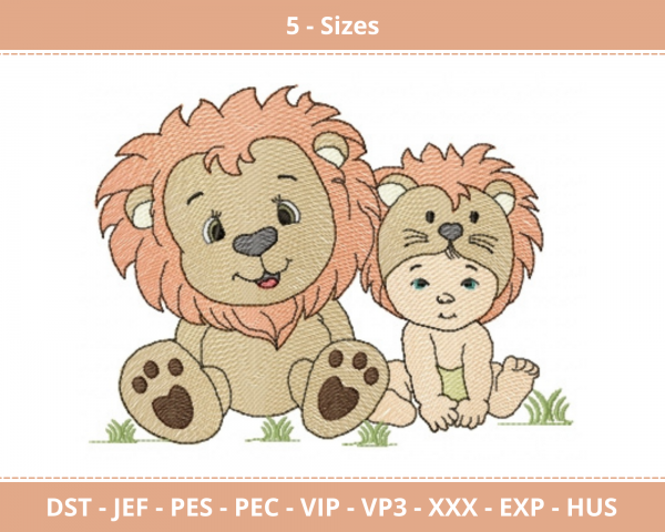 Baby Boy With Baby Lion Machine Embroidery Designs-5 Size-instant download
