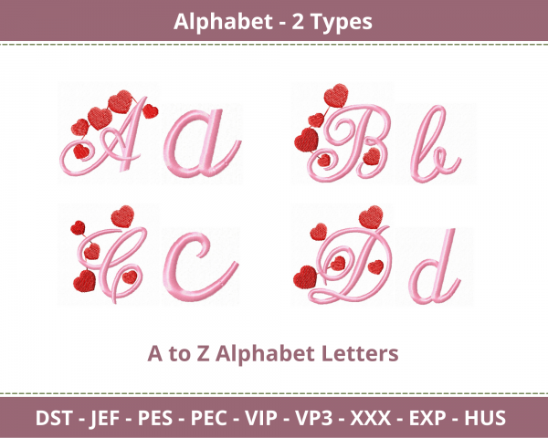 Alphabet With Heart  Embroidery Design - Monogram - Font - Machine Embroidery Pattern – 2 Types -Instant Download Machine Embroidery Designs