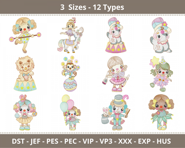 Circus Clown Embroidery Design - machine Embroidery Pattern - 3 Sizes - 12 Types - Instant Download