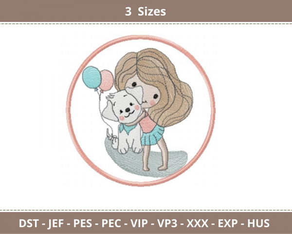 Girl With Cute Puppy Embroidery Design - Machine Embroidery Pattern - 3 Sizes - Instant Download