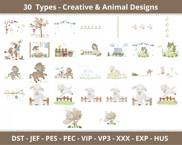 Creative & Animals Embroidery Design - Machine Embroidery Pattern - 30 Types - Instant Download