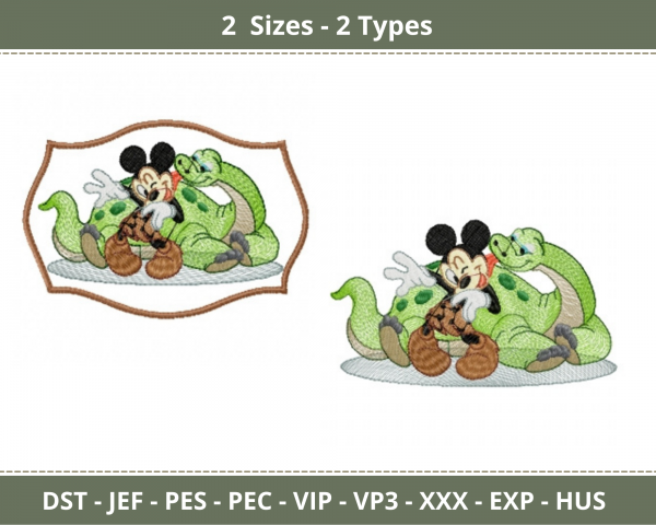 Mickey Mouse With Dinosaur Embroidery Design - Cartoon - Machine Embroidery Pattern - 2 Sizes - 2 Types - Instant Download