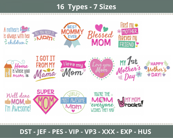 Mothers Day Quotes Embroidery Design - Machine Embroidery Pattern - 7 Sizes - 16 Types - Instant Download
