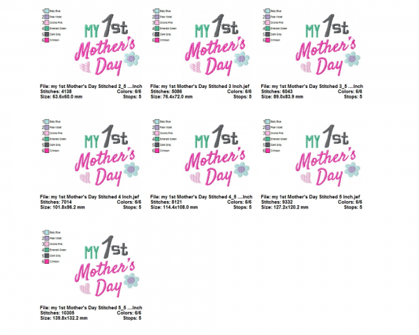 My 1st Mother's Day Quotes Embroidery Design - Machine Embroidery Pattern - 7 Sizes - Instant Download Machine Embroidery Designs