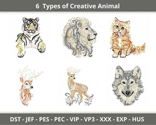 Creative Animals Embroidery Design - machine Embroidery Pattern - 6 Types  - Instant Download
