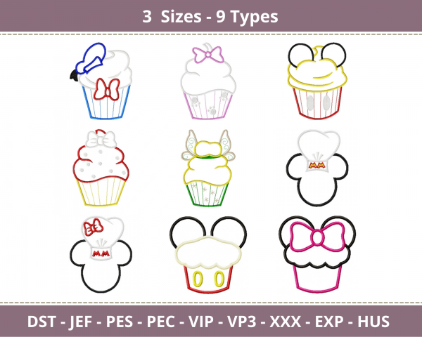 Mickey Mouse Cup cakes Embroidery Design -  Machine Embroidery Pattern - 3 Sizes - 9 Types - Instant Download