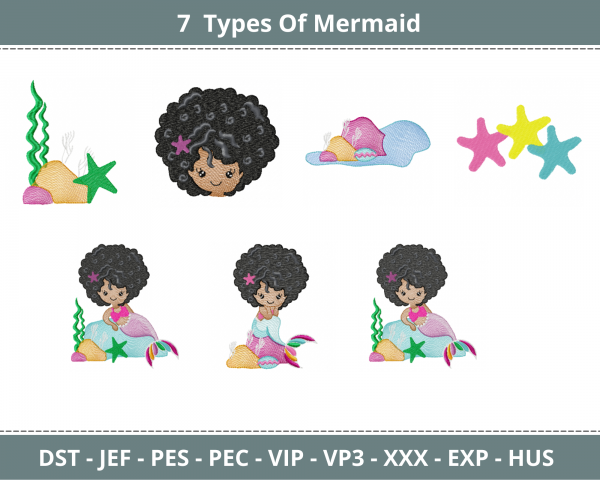 Mermaid Embroidery Design - Machine Embroidery Pattern - 7 Types - Instant Download
