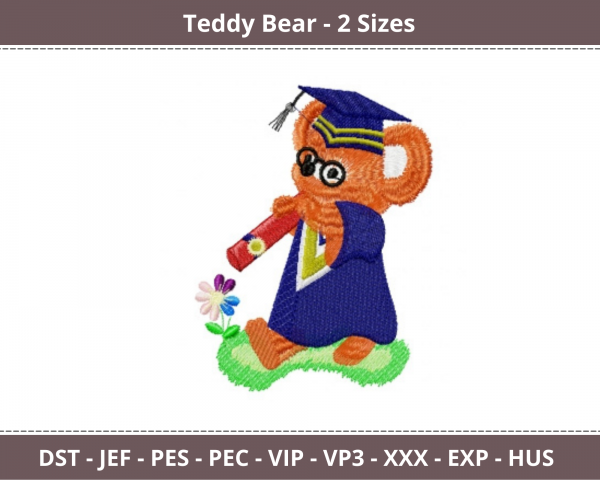 Graduate Teddy Bear Embroidery Design - Machine Embroidery Pattern- 2 Sizes – Instant Download