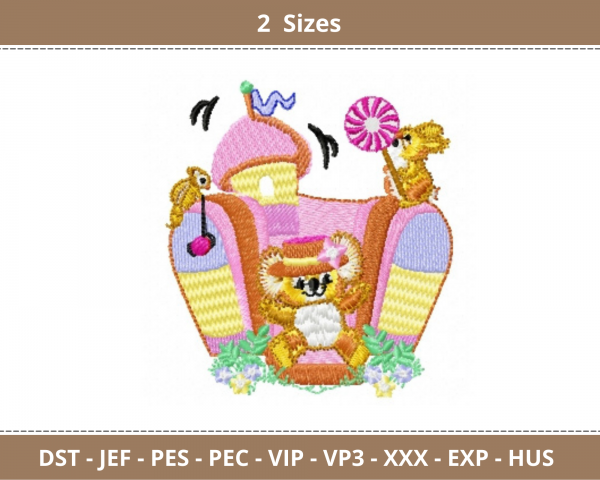 Teddy Bear On Jumping Castle Embroidery Design - Machine Embroidery Pattern- 2 Sizes – Instant Download