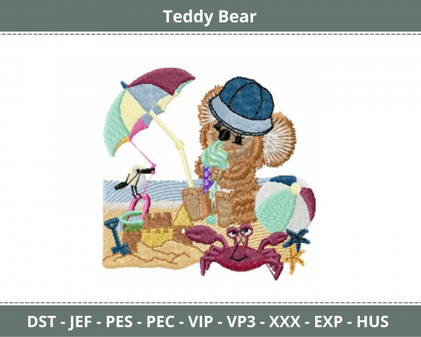 Teddy Bear On Beach Embroidery Design - Machine Embroidery Pattern – Instant Download