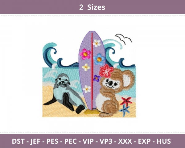 Cartoon On Beach Embroidery Design - Machine Embroidery Pattern - 2 Sizes - Instant Download