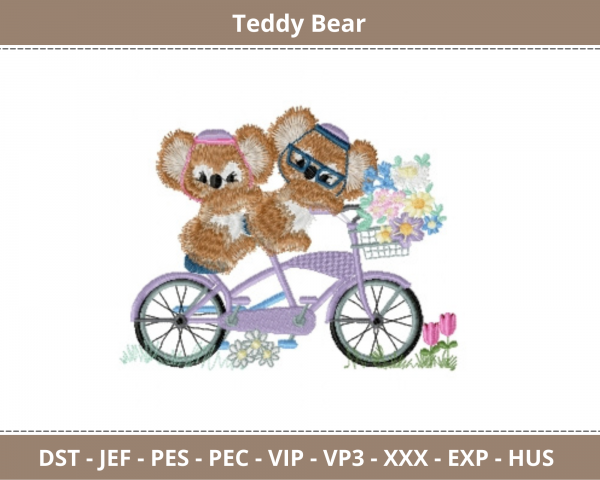 Teddy Bear On Cycle Embroidery Design - Machine Embroidery Pattern – Instant Download Machine Embroidery Designs
