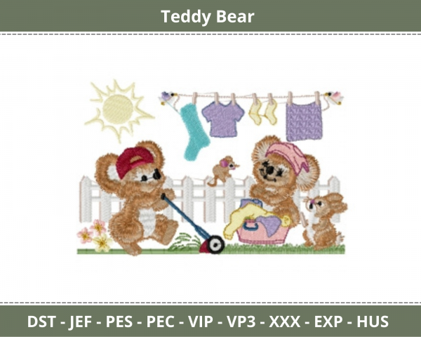 Teddy Bear Played In Garden Embroidery Design - Machine Embroidery Pattern – Instant Download
