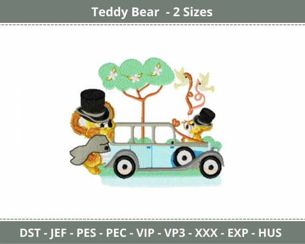 Teddy With Car  Embroidery Design - Machine Embroidery Pattern – 2 Sizes -  Instant Download