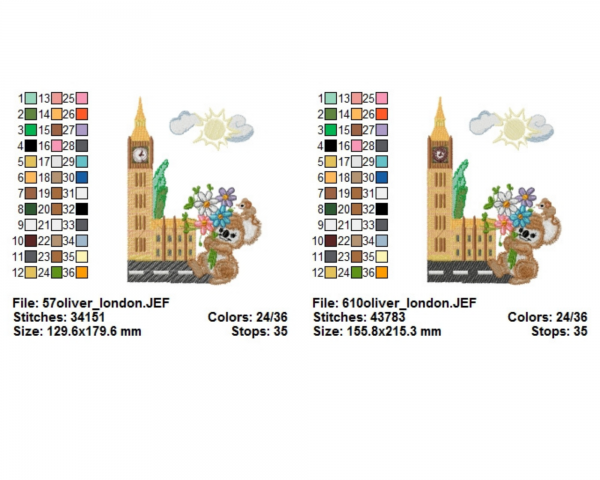 Fuzzy Oliver at Big Ben in London Embroidery Design - Machine Embroidery Pattern- 2 Sizes – Instant Download Machine Embroidery Designs