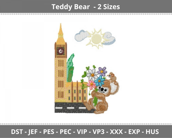 Fuzzy Oliver at Big Ben in London Embroidery Design - Machine Embroidery Pattern- 2 Sizes – Instant Download