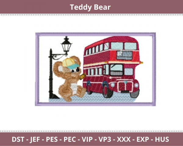 Fuzzy Oliver at a Red London Bus Embroidery Design - Machine Embroidery Pattern – Instant Download