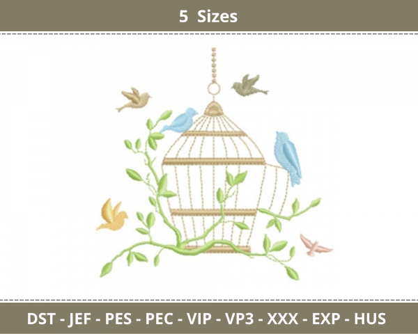 Bird With Cage Embroidery Design - Machine Embroidery Pattern - 5 Sizes - Instant Download