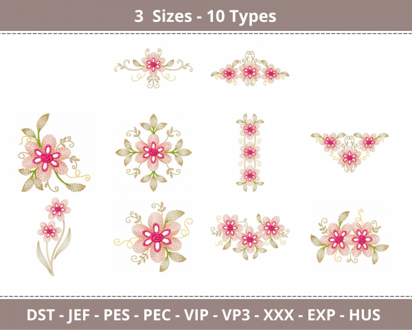 Floral Embroidery Design - Machine Embroidery Pattern - 3 Sizes - 10 Types - Instant Download