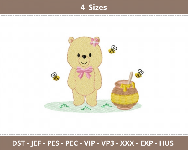 Teddy Bear With Haney Bee Embroidery Design - Machine Embroidery Pattern- 4 Sizes – Instant Download
