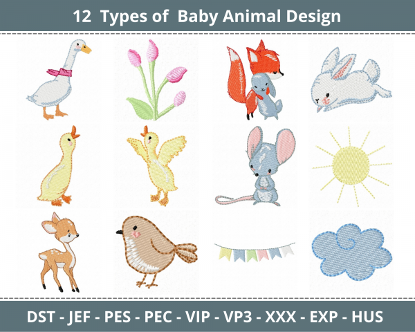 Baby Animal Embroidery Design -  Machine Embroidery Pattern - 14 Types  - Instant Download