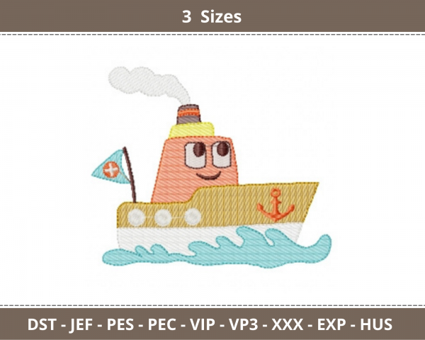 Cartoon Boat Embroidery Design - Machine Embroidery Pattern - 3 Sizes - Instant Download