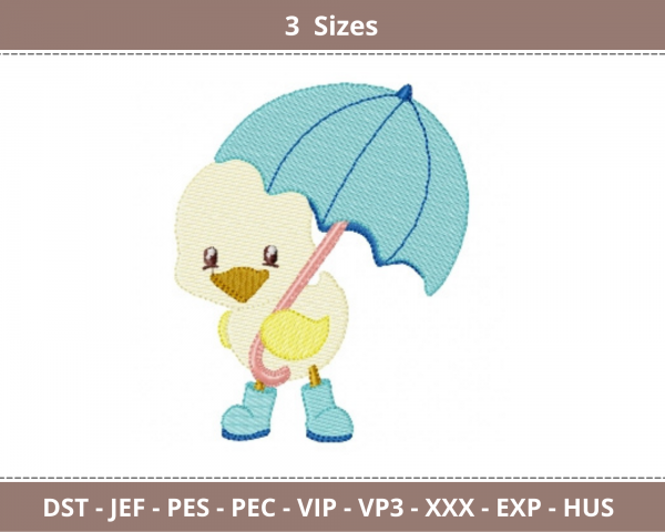 Cute Duck With Umbrella Embroidery Design - Machine Embroidery Pattern - 3 Sizes - Instant Download