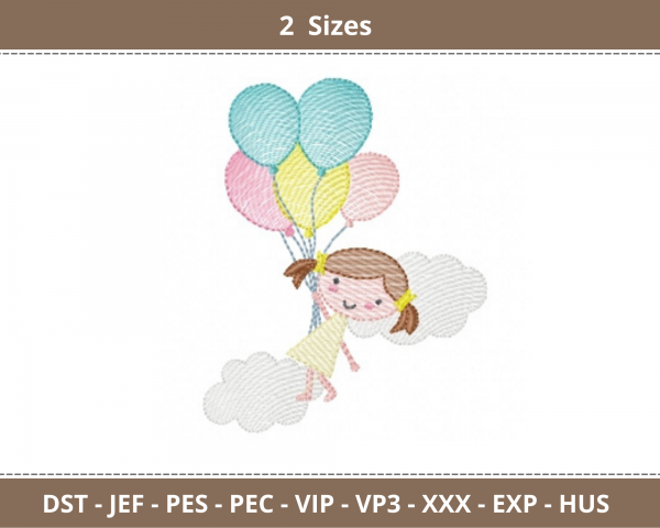 Girl Holding Balloons Embroidery Design - Machine Embroidery Pattern - 2 Sizes - Instant Download