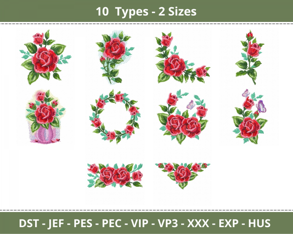Flowers Embroidery Design - Machine Embroidery Pattern - 10 Types - 2 Sizes - Instant Download