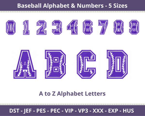 Baseball Alphabet & Numbers  Embroidery Design  Bundle - Font - Monogram - Numbers - Machine Embroidery - 5 Sizes - Instant Download