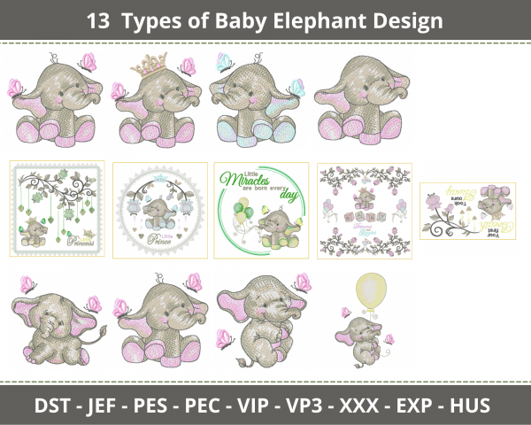 Baby Elephant Embroidery Design-Animal-Machine Embroidery Pattern-13 Types-Instant Download