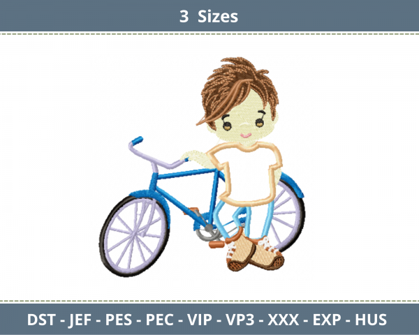 Boy With Cycle Embroidery Design-Machine Embroidery Pattern-3 Sizes-Instant Download