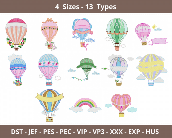 Air balloon embroidery design-machine Embroidery Pattern-4 Sizes-13 Types-Instant Download