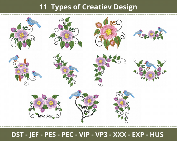 Creative Flower and Birds Embroidery Design-11 Types-Instant Download Online