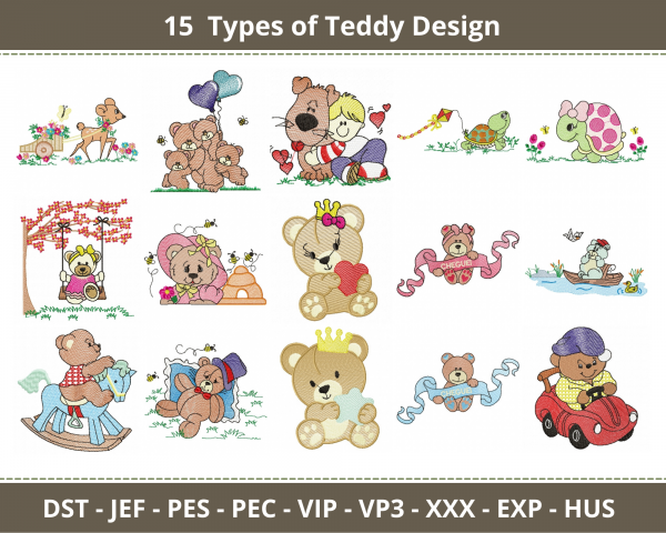Teddy Bear Embroidery Design-15 Types-Instant Download Online