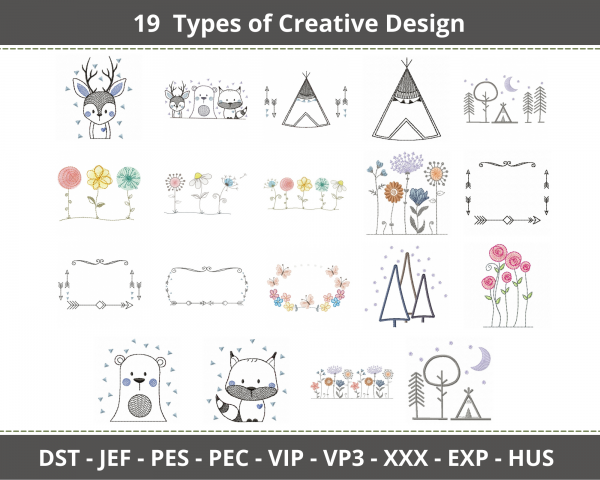 Creative Cartoon Embroidery Design-11 Types-Instant Download Online