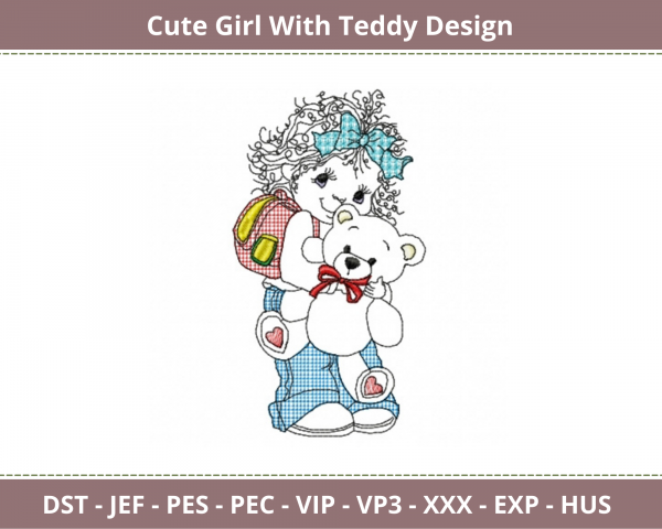 Cute Girl With Teddy Embroidery Design-Instant Download Online