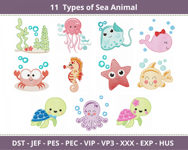 Sea Animal Embroidery Design-Marin Life-11 Types-Instant Download Online