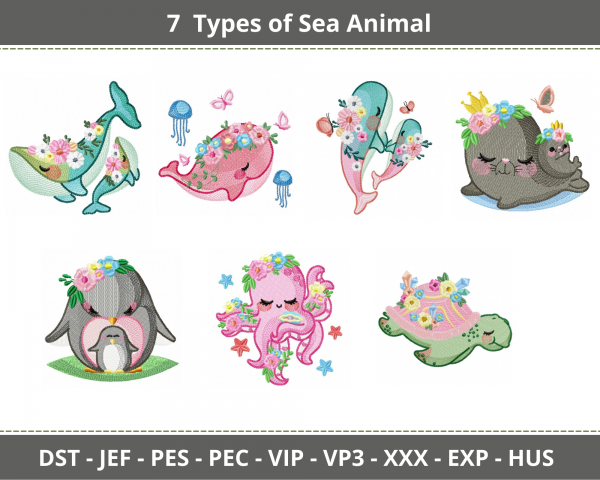 Sea Animal Embroidery Design-Marin Life-7 Types-Instant Download Online