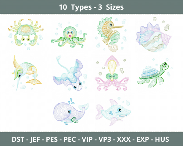 Sea Animal Embroidery Design-Marin Life-10 Types-3 Sizes-Instant Download Online