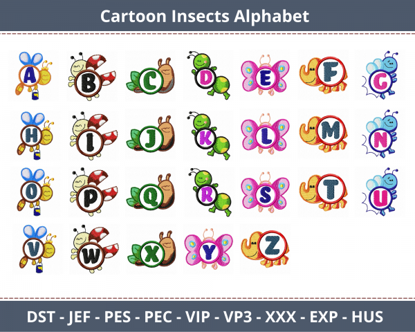 Cartoon Insects Alphabet Font Embroidery Design Machine Embroidery Designs